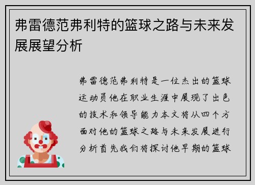 弗雷德范弗利特的篮球之路与未来发展展望分析